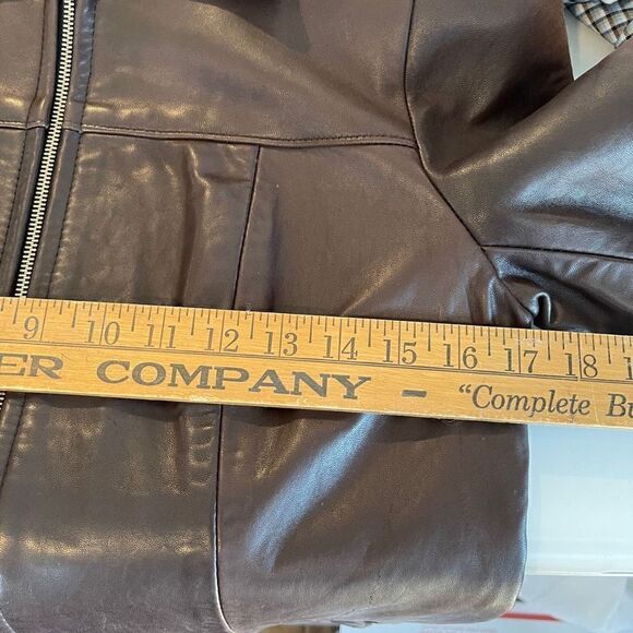 Politix Brown Collared Open Bottom Long Sleeve Zip Up Leather Jacket Size 4 - Picture 10 of 10